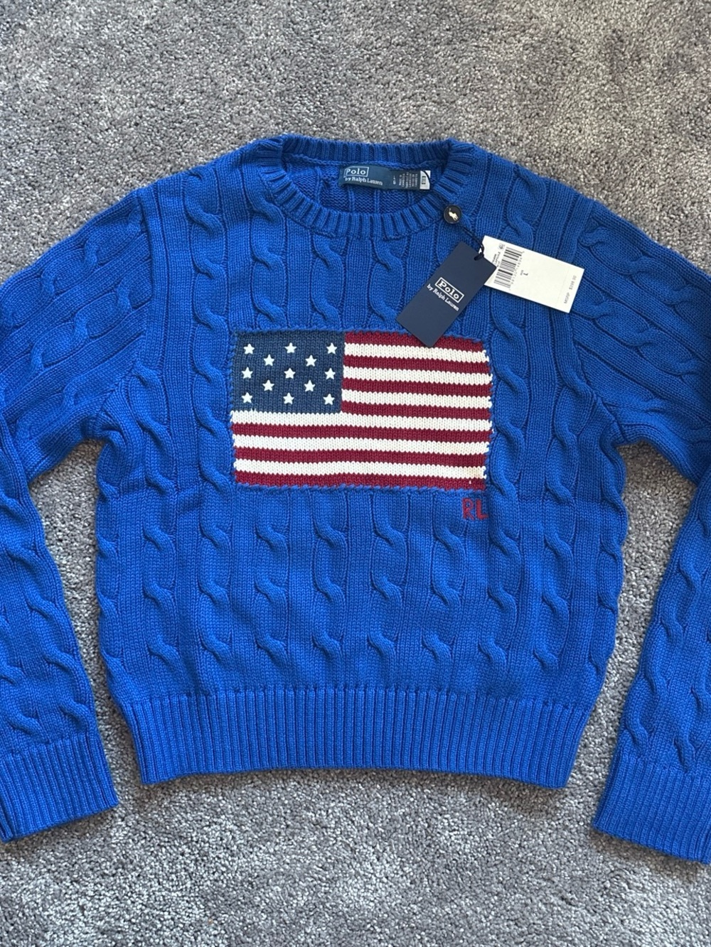 NWT Polo Ralph Lauren Blue Cable-Knit American Flag Cropped Sweater L